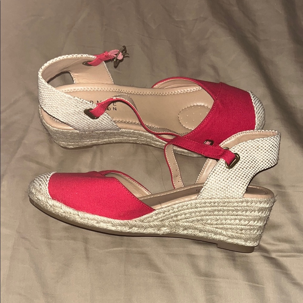 Red and Cream Espadrille Wedge Sandals with Adjustable Ankle Strap